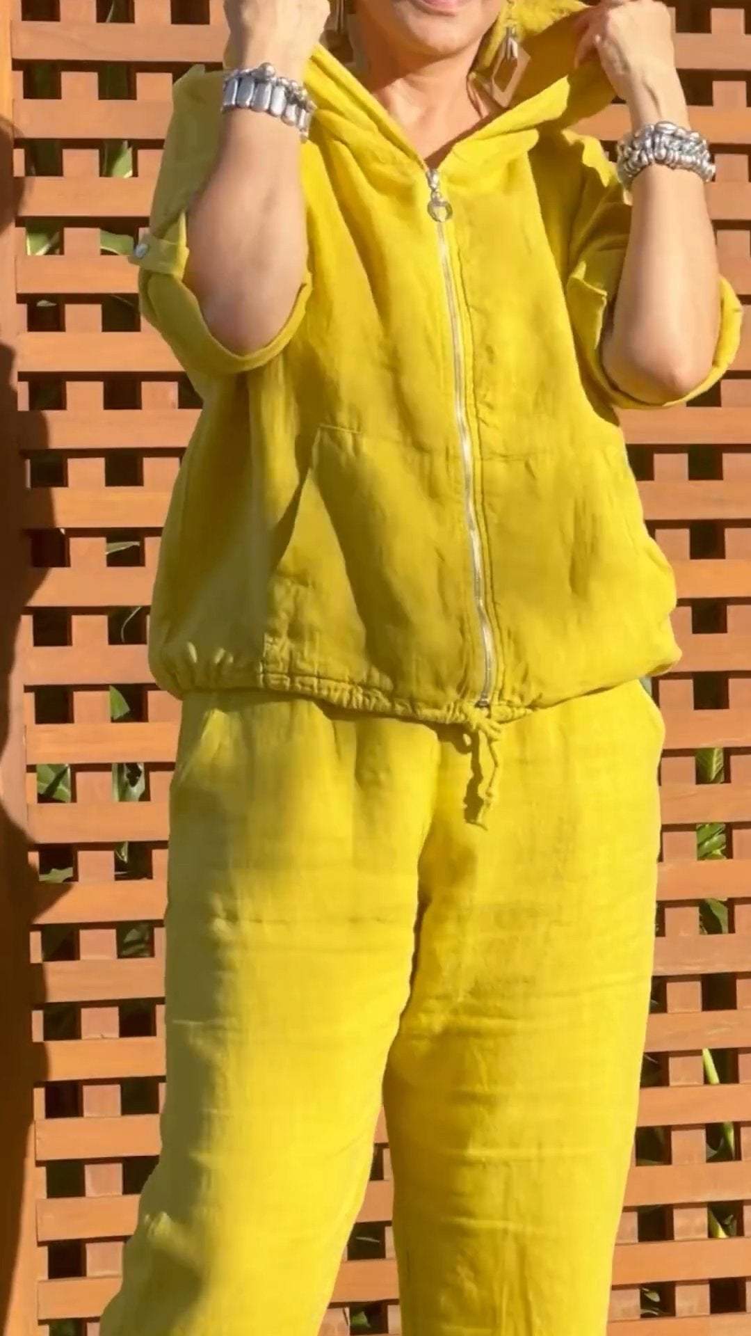 Zarvelle | Women's Linen Two Piece Set Hooded & Pants - Yellow - Image 3