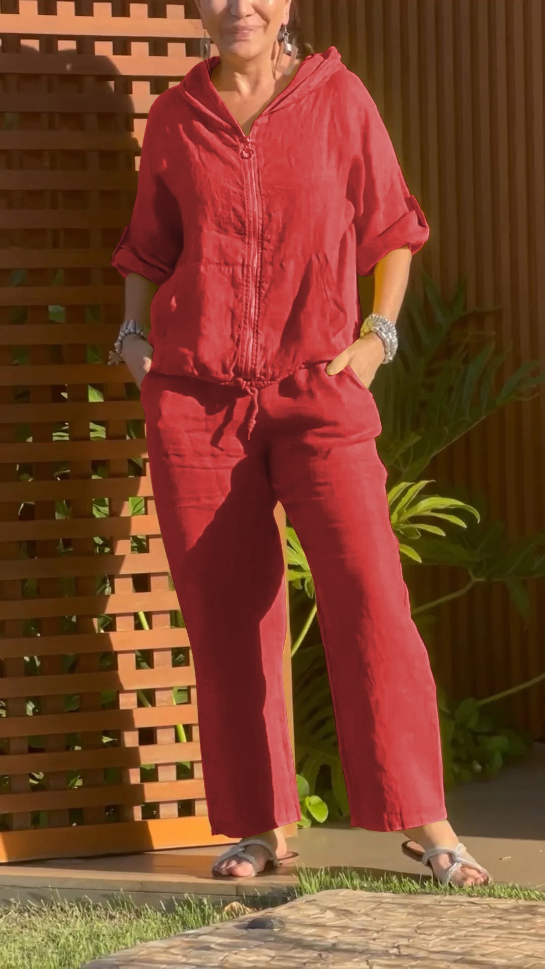 Zarvelle | Women's Linen Two Piece Set Hooded & Pants - Yellow - Image 5