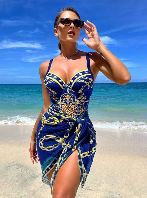 Zarvelle | Women's One-Piece Swimsuit & Wrap Skirt Set - Royal Blue - Image 1