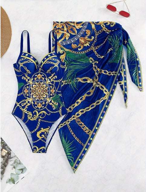 Zarvelle | Women's One-Piece Swimsuit & Wrap Skirt Set - Royal Blue - Image 2
