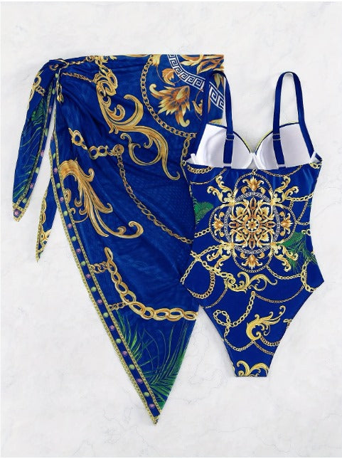 Zarvelle | Women's One-Piece Swimsuit & Wrap Skirt Set - Royal Blue - Image 3