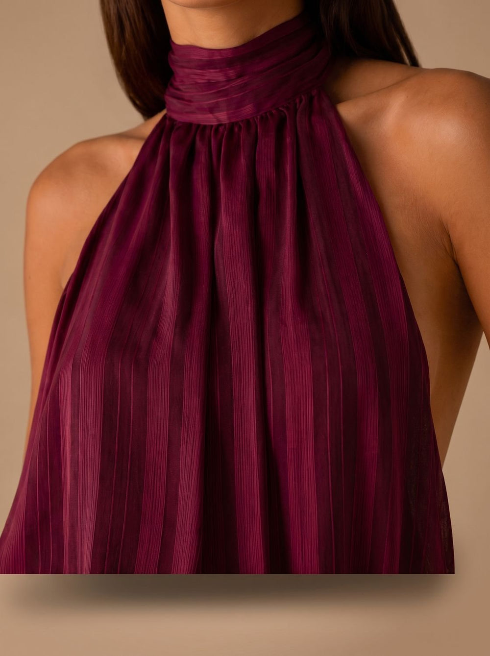 Zelvaire | Women's Halter Neck Pleated Mini Dress - Burgundy - Image 2