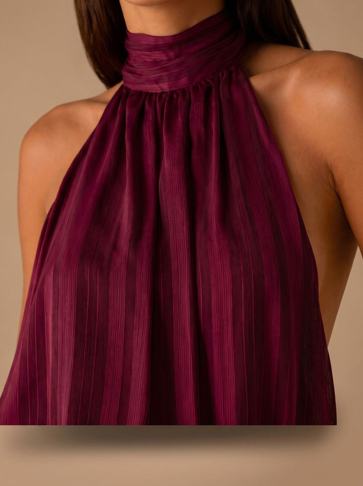 Zelvaire | Women's Halter Neck Pleated Mini Dress - Burgundy - Image 2