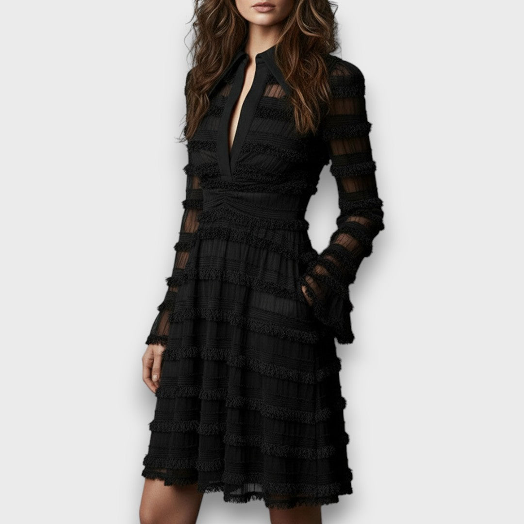Zelvara | Women's Lace Tiered Midi Dress - Black - Image 3