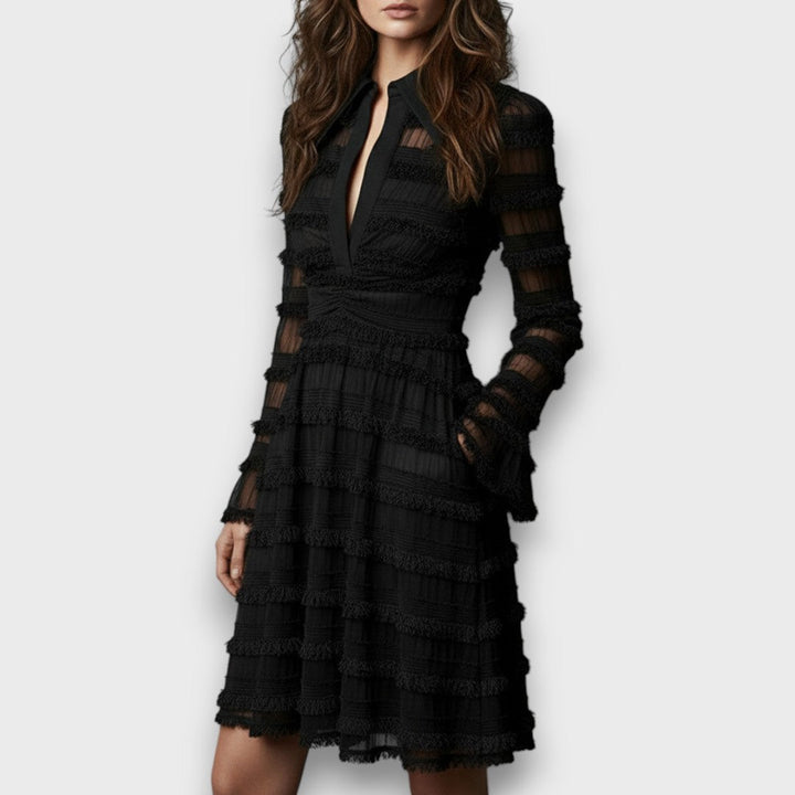 Zelvara | Women's Lace Tiered Midi Dress - Black - Image 3
