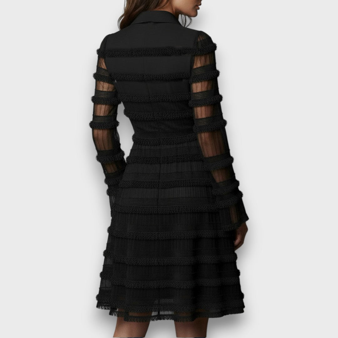Zelvara | Women's Lace Tiered Midi Dress - Black - Image 4