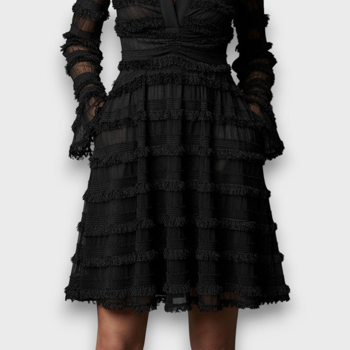 Zelvara | Women's Lace Tiered Midi Dress - Black - Image 5