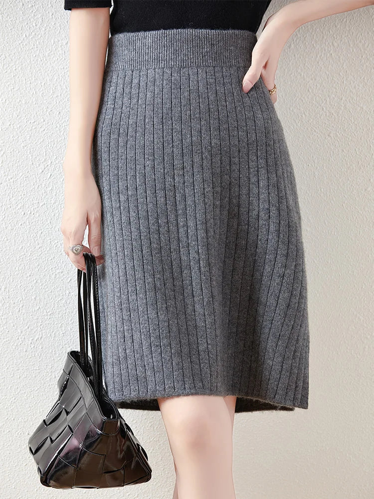 Zelvinda | Women's Ribbed Knit Midi Skirt - Grey - Image 1