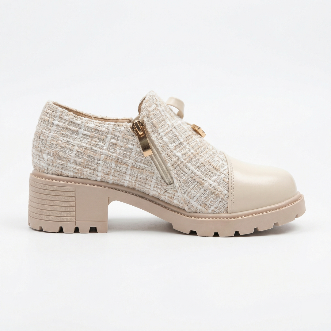 Zelvindra | Women's Block Heel Tweed Lace-Up Shoes - Cream - Image 1