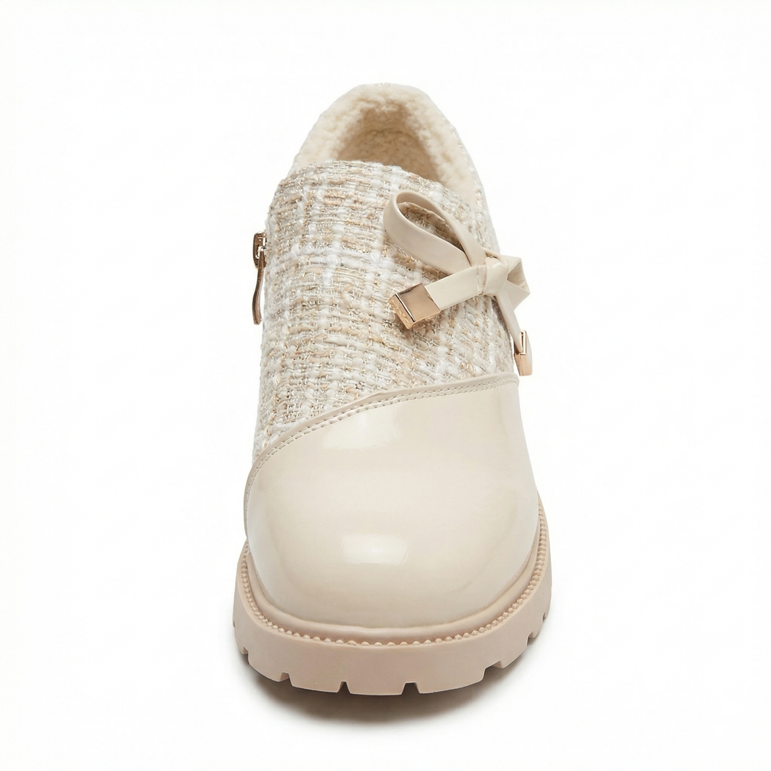 Zelvindra | Women's Block Heel Tweed Lace-Up Shoes - Cream - Image 3