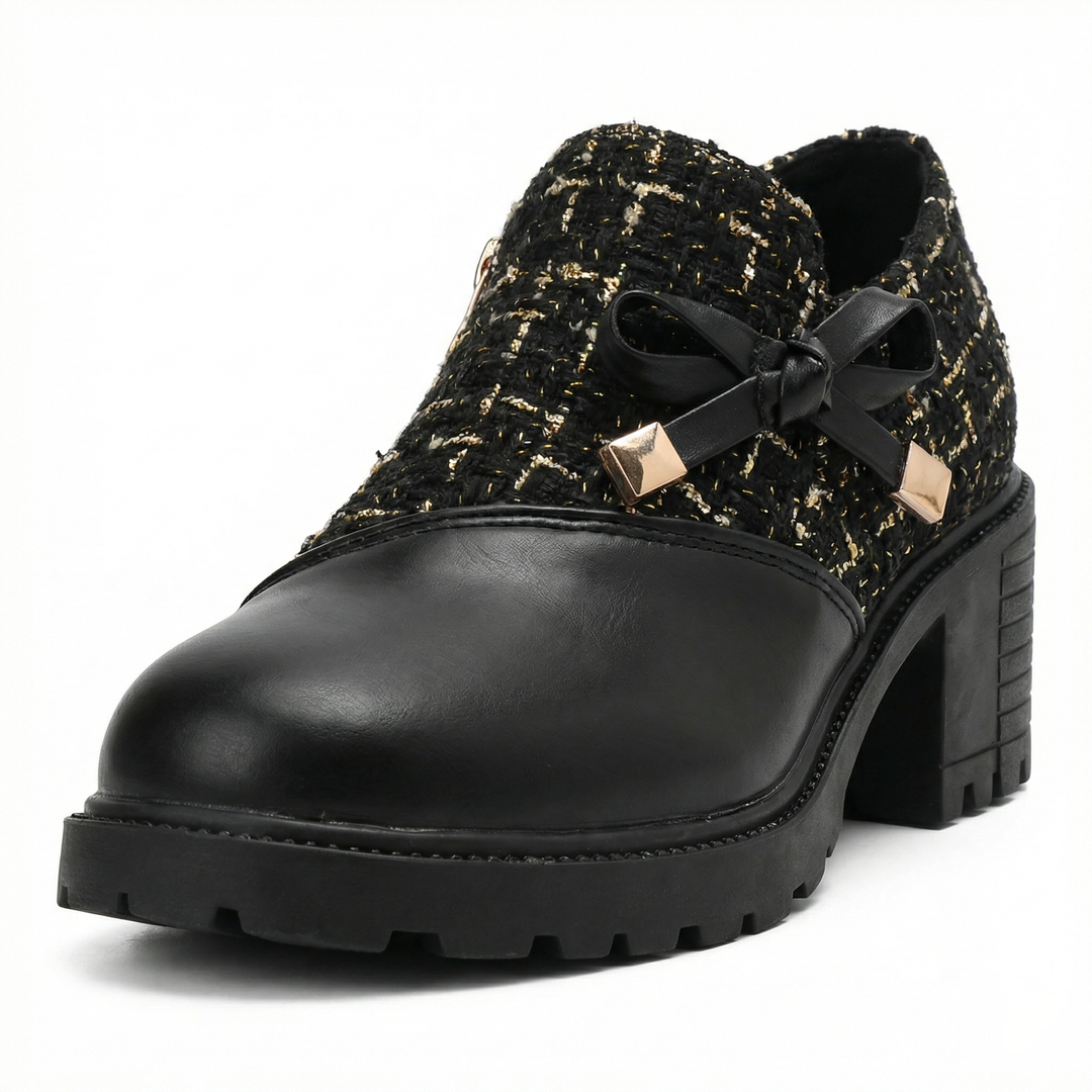 Zelvindra | Women's Block Heel Tweed Lace-Up Shoes - Cream - Image 4