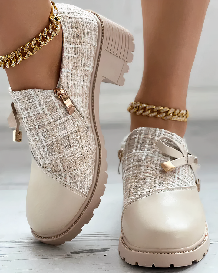 Zelvindra | Women's Block Heel Tweed Lace-Up Shoes - Cream - Image 7