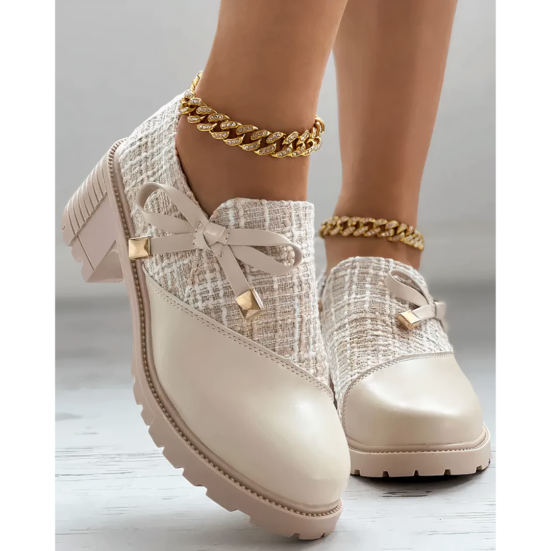 Zelvindra | Women's Block Heel Tweed Lace-Up Shoes - Cream - Image 9