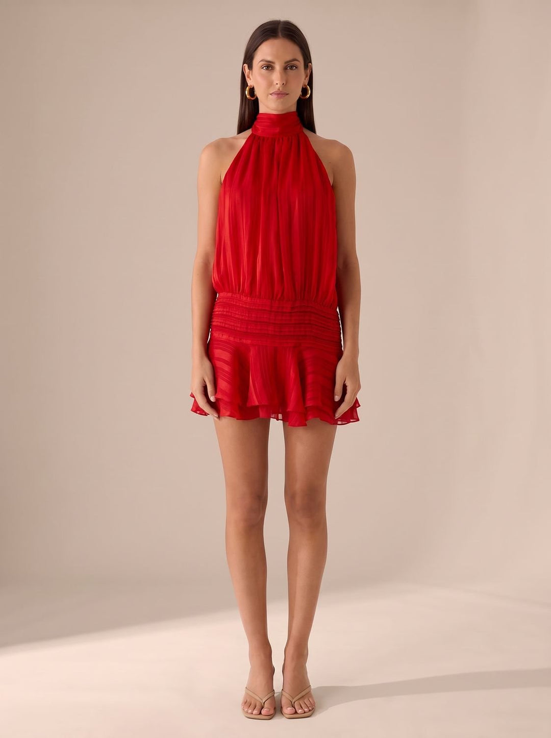 Zelvora | Women's Halter Neck Ruffle Mini Dress - Burgundy - Image 13