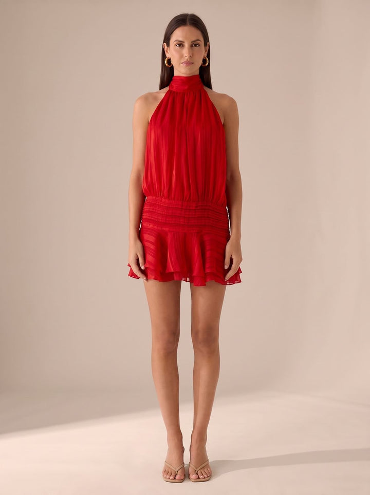 Zelvora | Women's Halter Neck Ruffle Mini Dress - Burgundy - Image 13