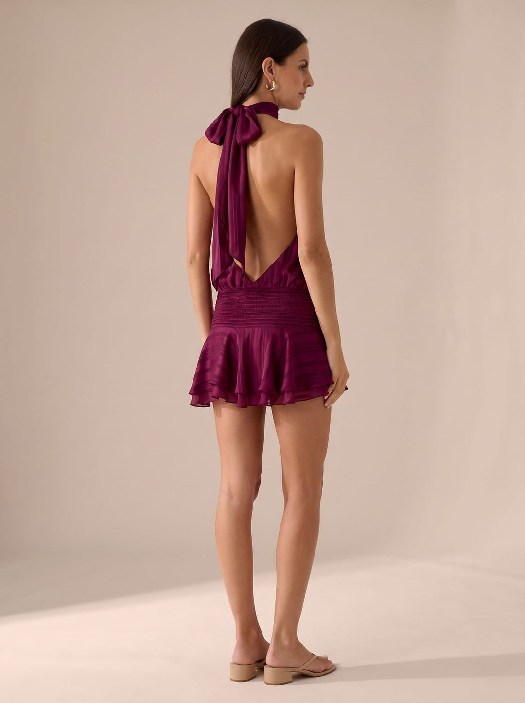 Zelvora | Women's Halter Neck Ruffle Mini Dress - Burgundy - Image 5