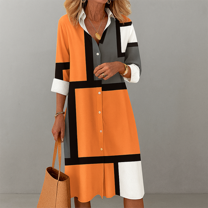 Zendaya | Women's Collared Geometric Print Midi Dress - Image 1