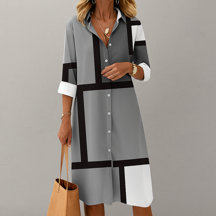 Zendaya | Women's Collared Geometric Print Midi Dress - Image 3