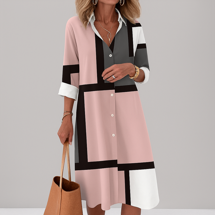 Zendaya | Women's Collared Geometric Print Midi Dress - Image 4