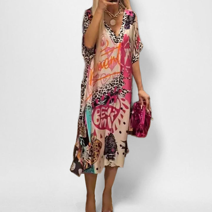 Zephyrine | Women's V-Neck Graphic Print Midi Dress - Image 1