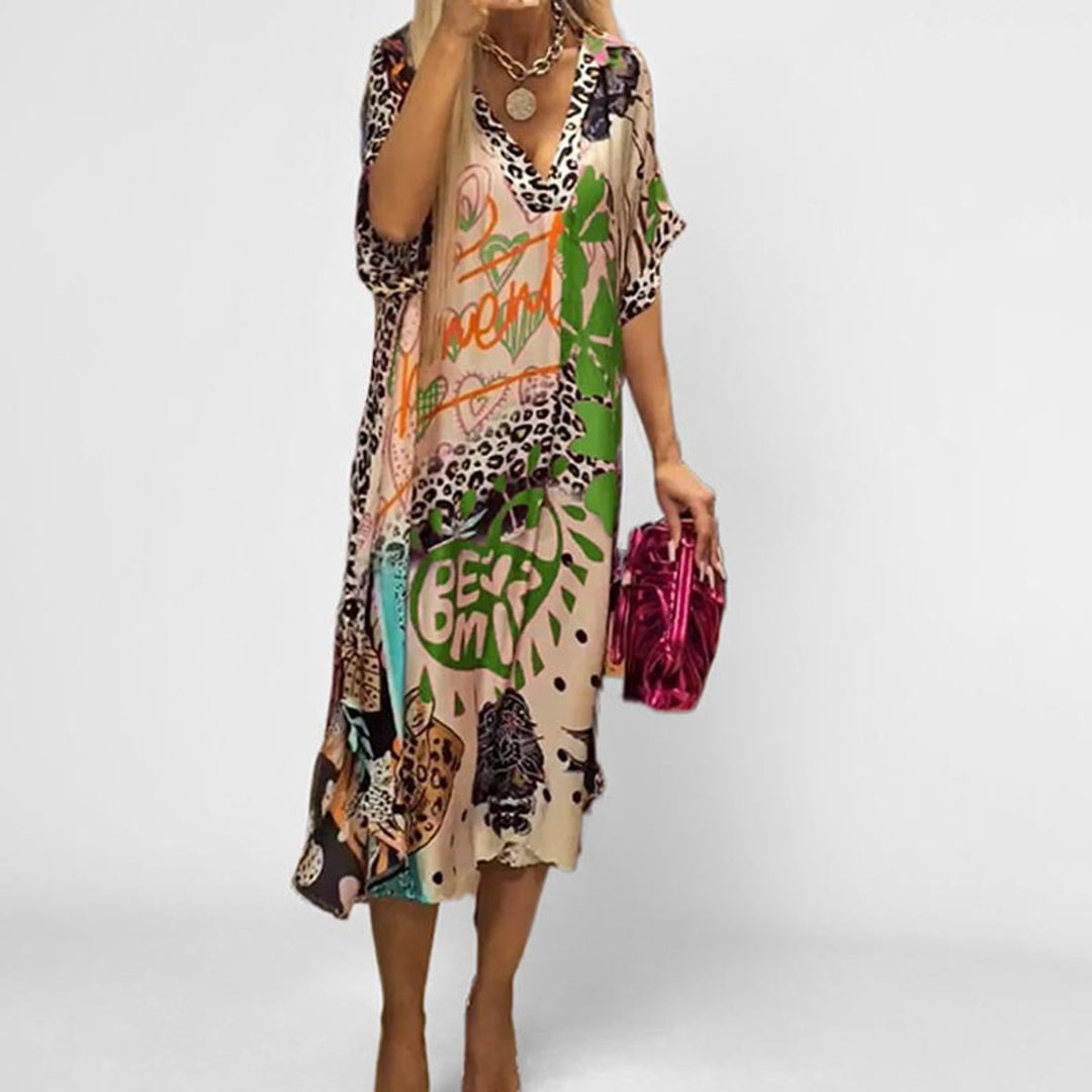 Zephyrine | Women's V-Neck Graphic Print Midi Dress - Image 3