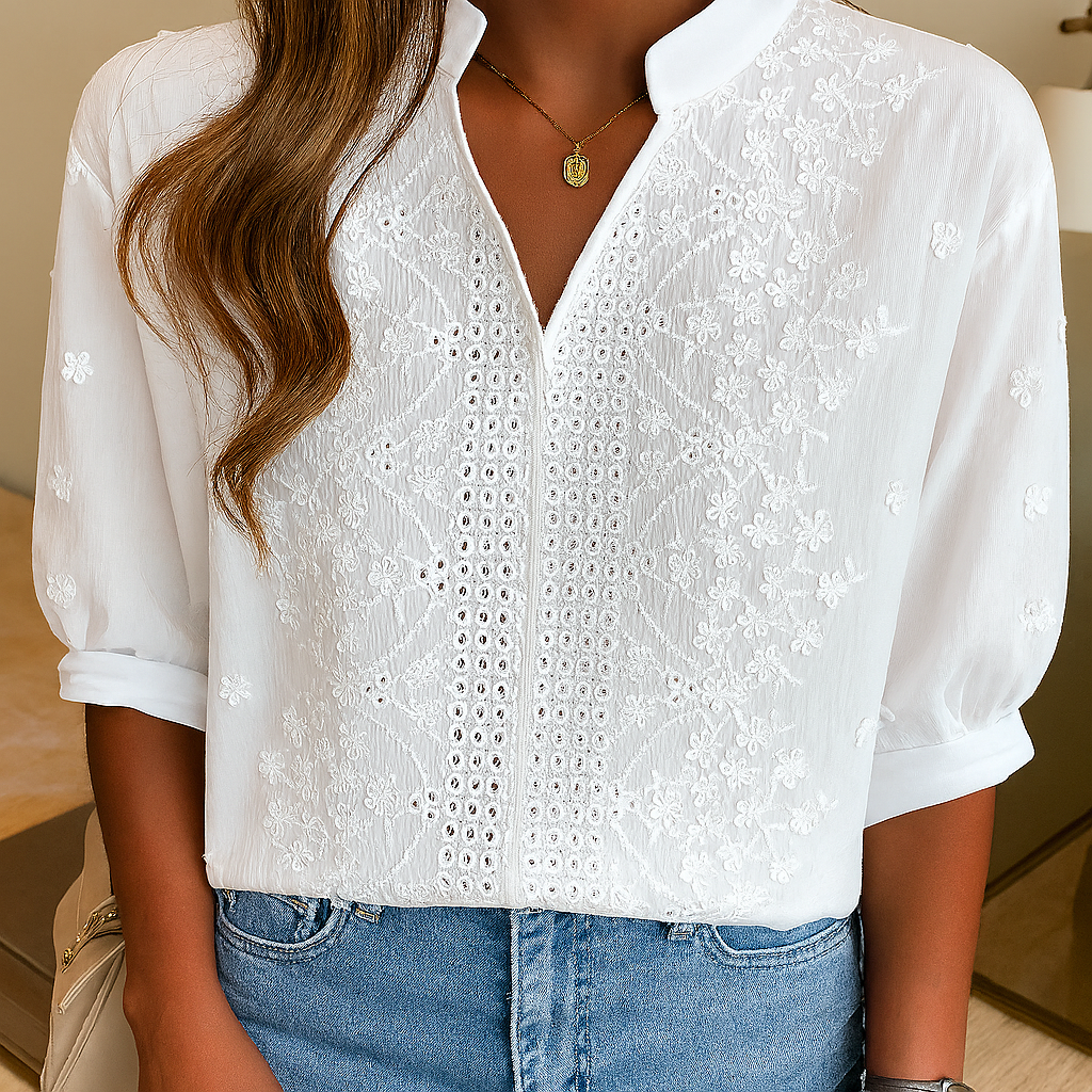 Zindorah | Women's Boho Blouse Floral Embroidered - White - Image 1