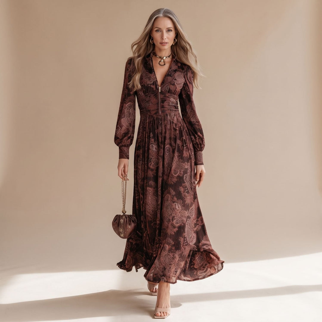 Zindrave | Women's Paisley Print Maxi Dress Long Sleeve - Dark Brown - Image 1