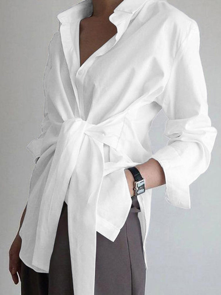 Zinnia | Women's Tie Waist Button Down Long Sleeve Shirt - White - Image 1
