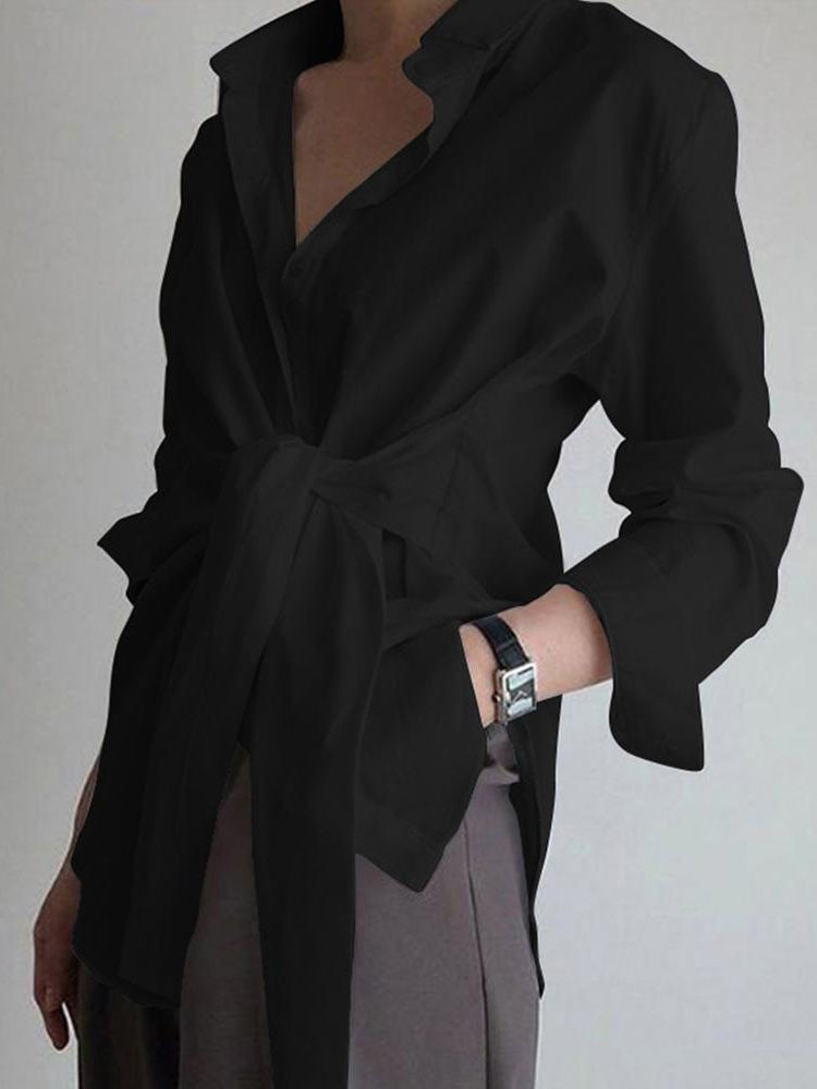Zinnia | Women's Tie Waist Button Down Long Sleeve Shirt - White - Image 2