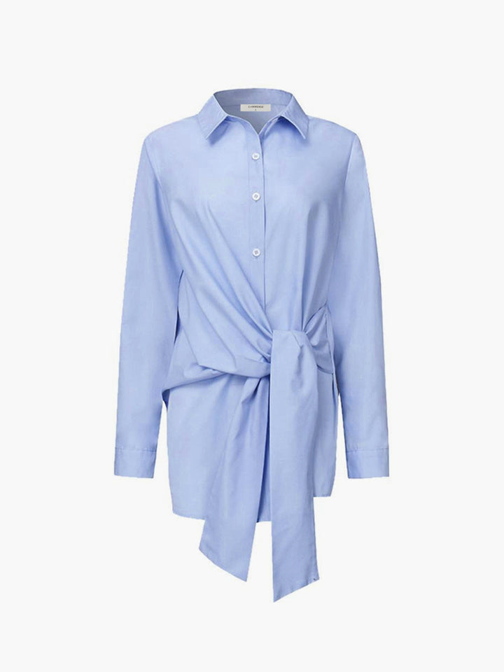 Zinnia | Women's Tie Waist Button Down Long Sleeve Shirt - White - Image 3