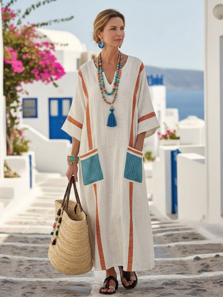 Zinnia | Women's V Neck 3/4 Sleeve Maxi Dress - White - Image 3