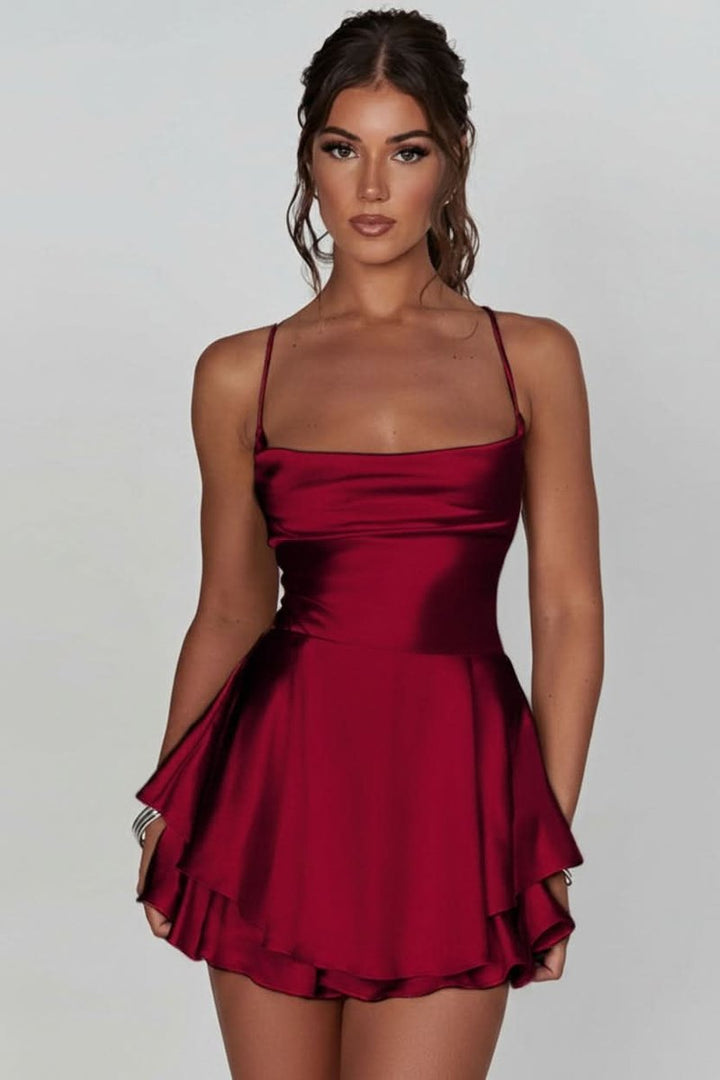 Zivara | Women's Cocktail Party Dress Satin Mini - Burgundy - Image 1