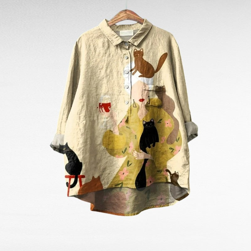 Zivarna | Women's Boho Blouse Cat Print Long Sleeve - Beige - Image 1