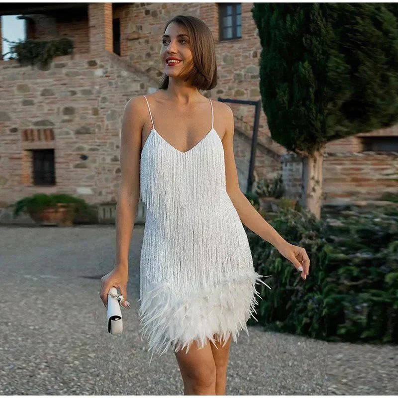 Zivarna | Women's Cocktail Party Dress Sequin Fringe Mini - White - Image 3