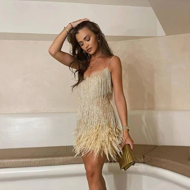 Zivarna | Women's Cocktail Party Dress Sequin Fringe Mini - White - Image 6