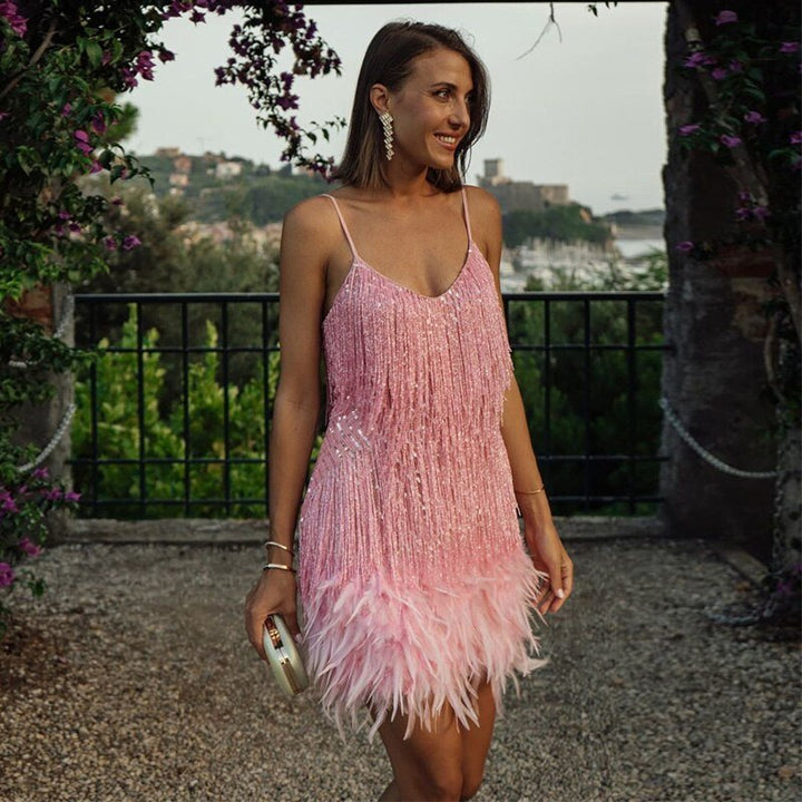 Zivarna | Women's Cocktail Party Dress Sequin Fringe Mini - White - Image 8