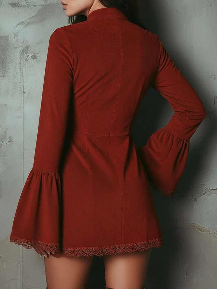 Zivarna | Women's Embroidered Bell Sleeve Mini Dress - Burgundy - Image 3