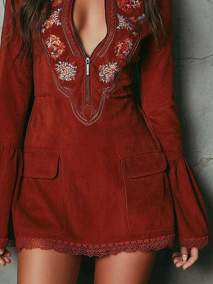 Zivarna | Women's Embroidered Bell Sleeve Mini Dress - Burgundy - Image 7