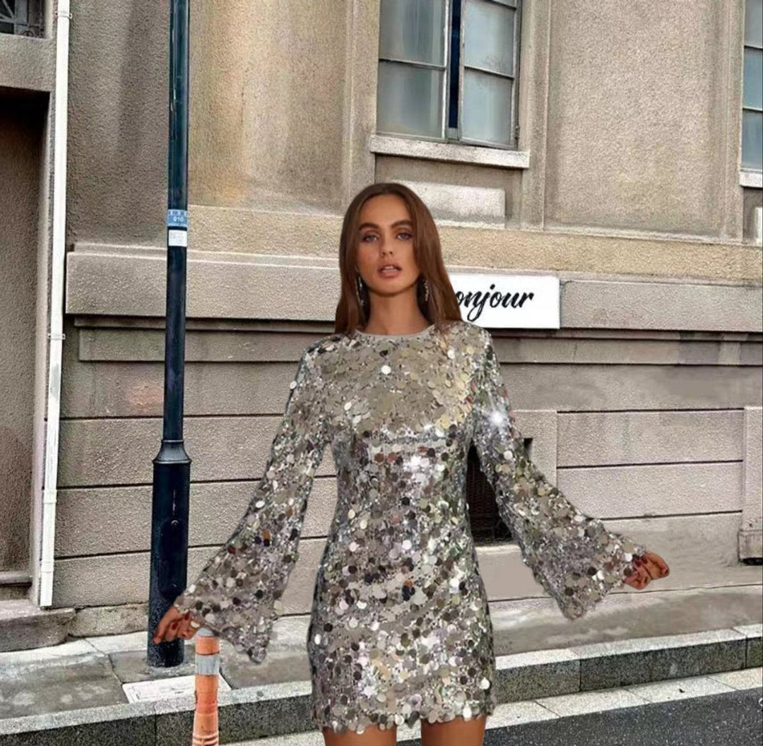 Zivella | Women's Sequin Mini Dress Long Sleeve - Silver - Image 1