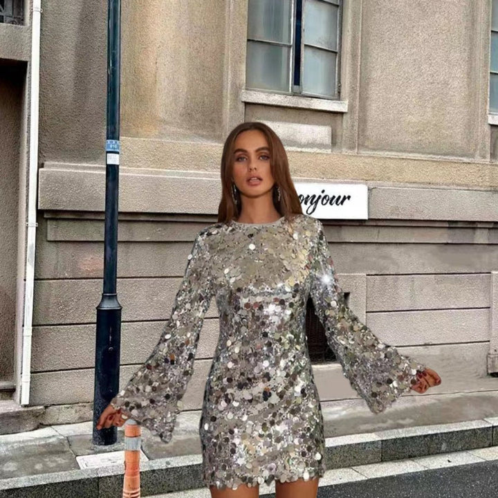 Zivella | Women's Sequin Mini Dress Long Sleeve - Silver - Image 3