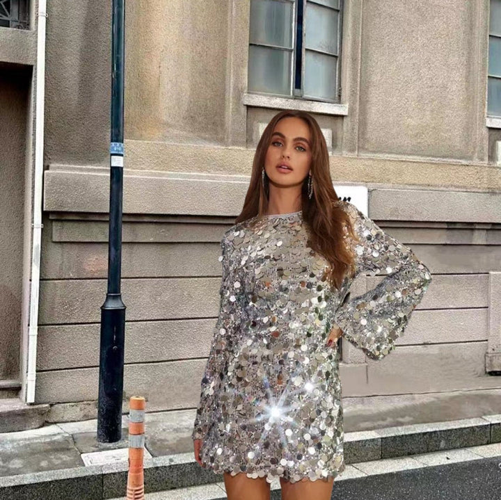 Zivella | Women's Sequin Mini Dress Long Sleeve - Silver - Image 4