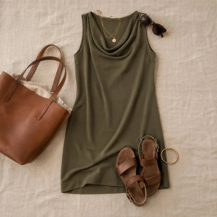 Zivelle | Women's Cowl Neck Sleeveless Mini Shift Dress - Olive Green - Image 7