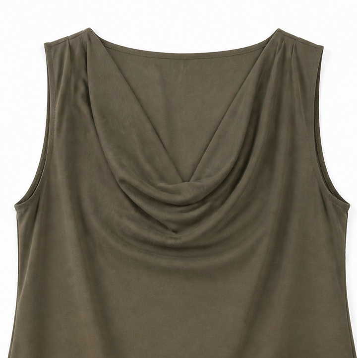 Zivelle | Women's Cowl Neck Sleeveless Mini Shift Dress - Olive Green - Image 9