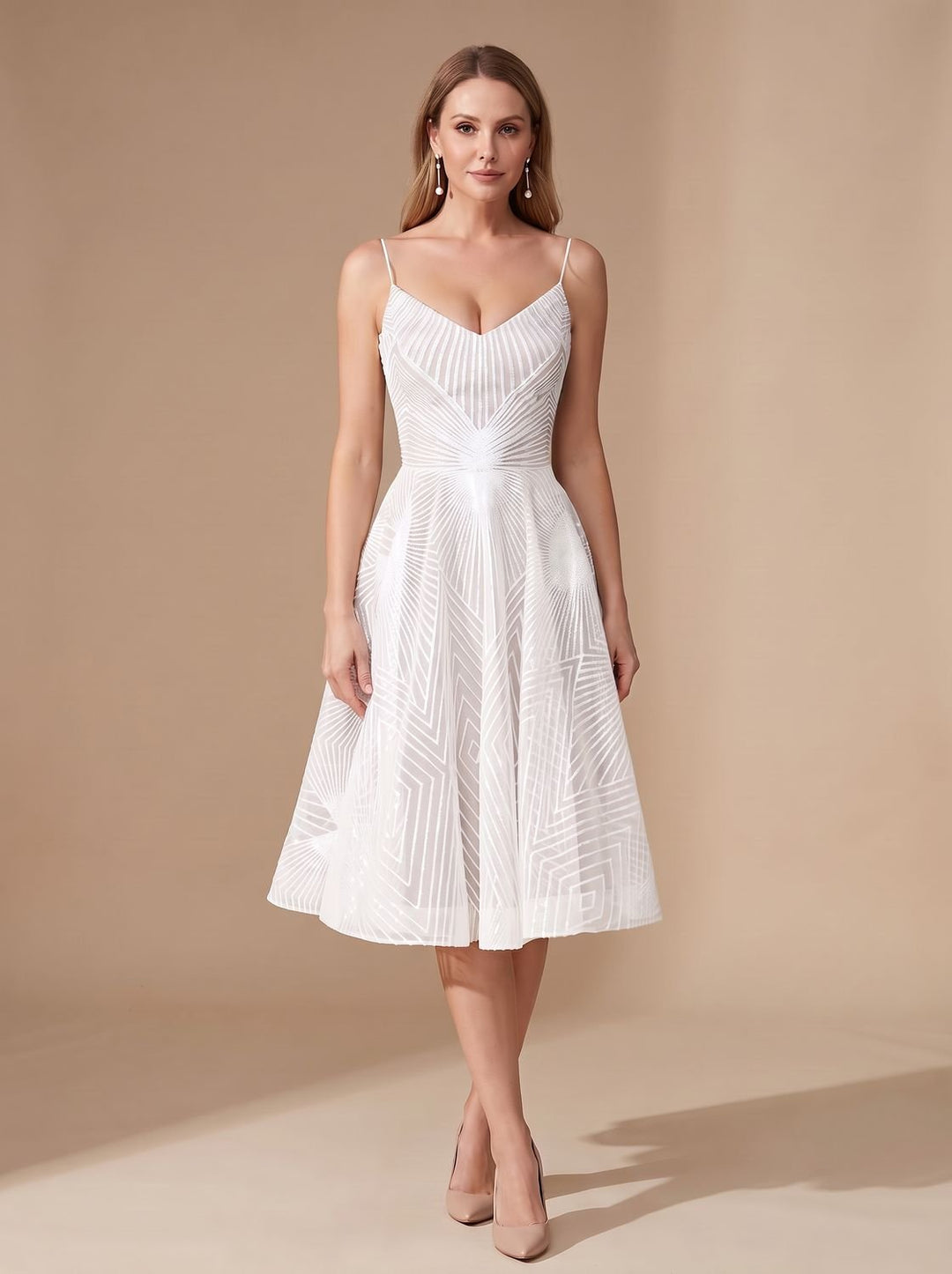 Zivette | Women's Cocktail Dress Geometric Lace Midi - White - Image 3