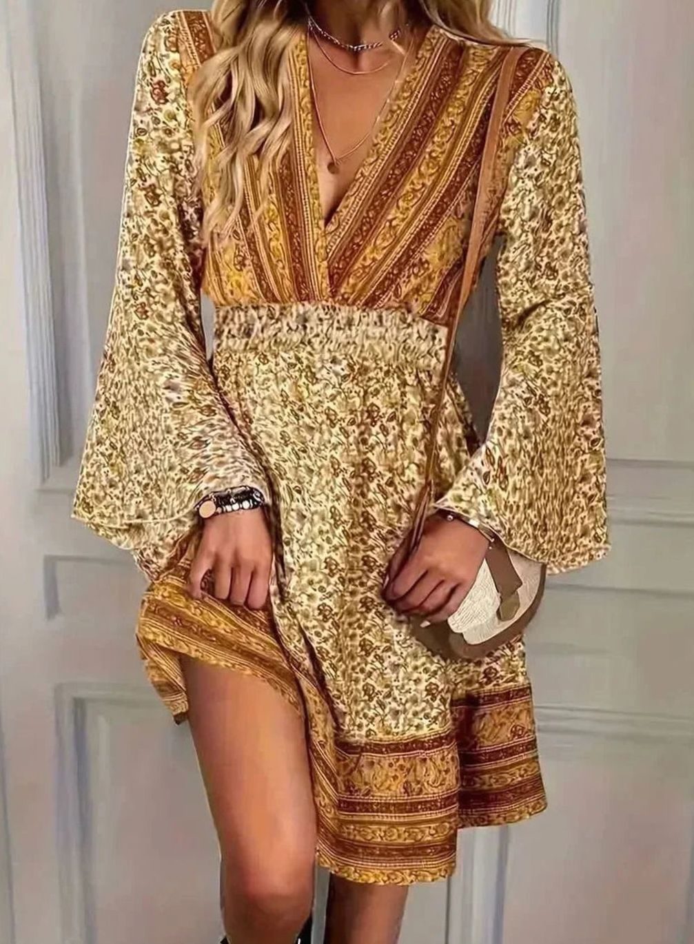 Zivorne | Women's Boho Floral Mini Dress Long Sleeve - Image 1