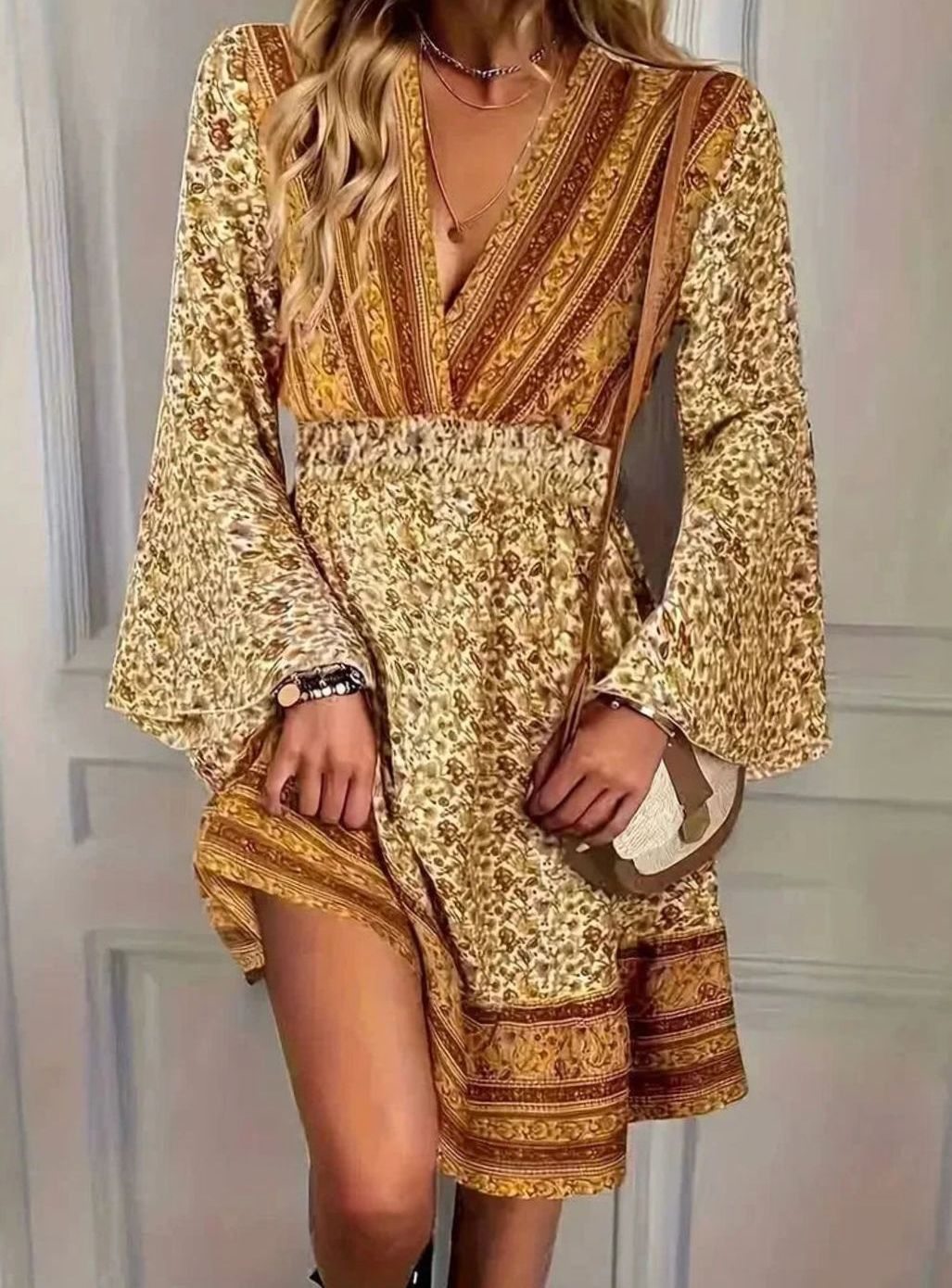Zivorne | Women's Boho Floral Mini Dress Long Sleeve - Image 4