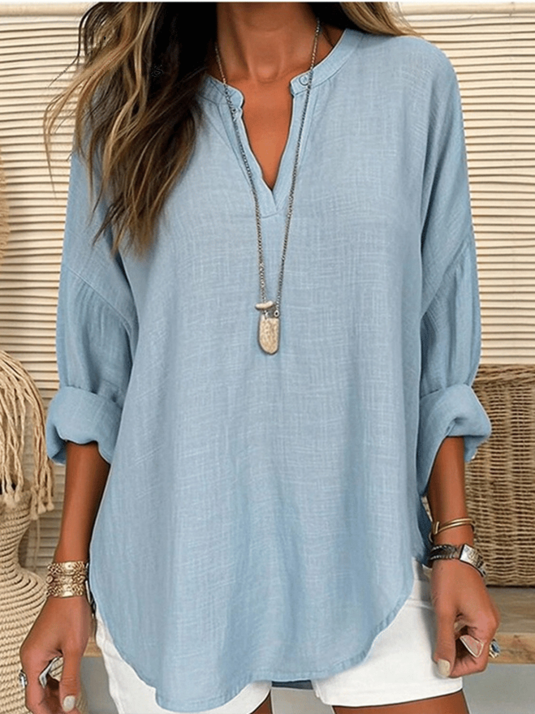 Zivorne | Women's Boho Tunic Top Long Sleeve - Light Blue - Image 1
