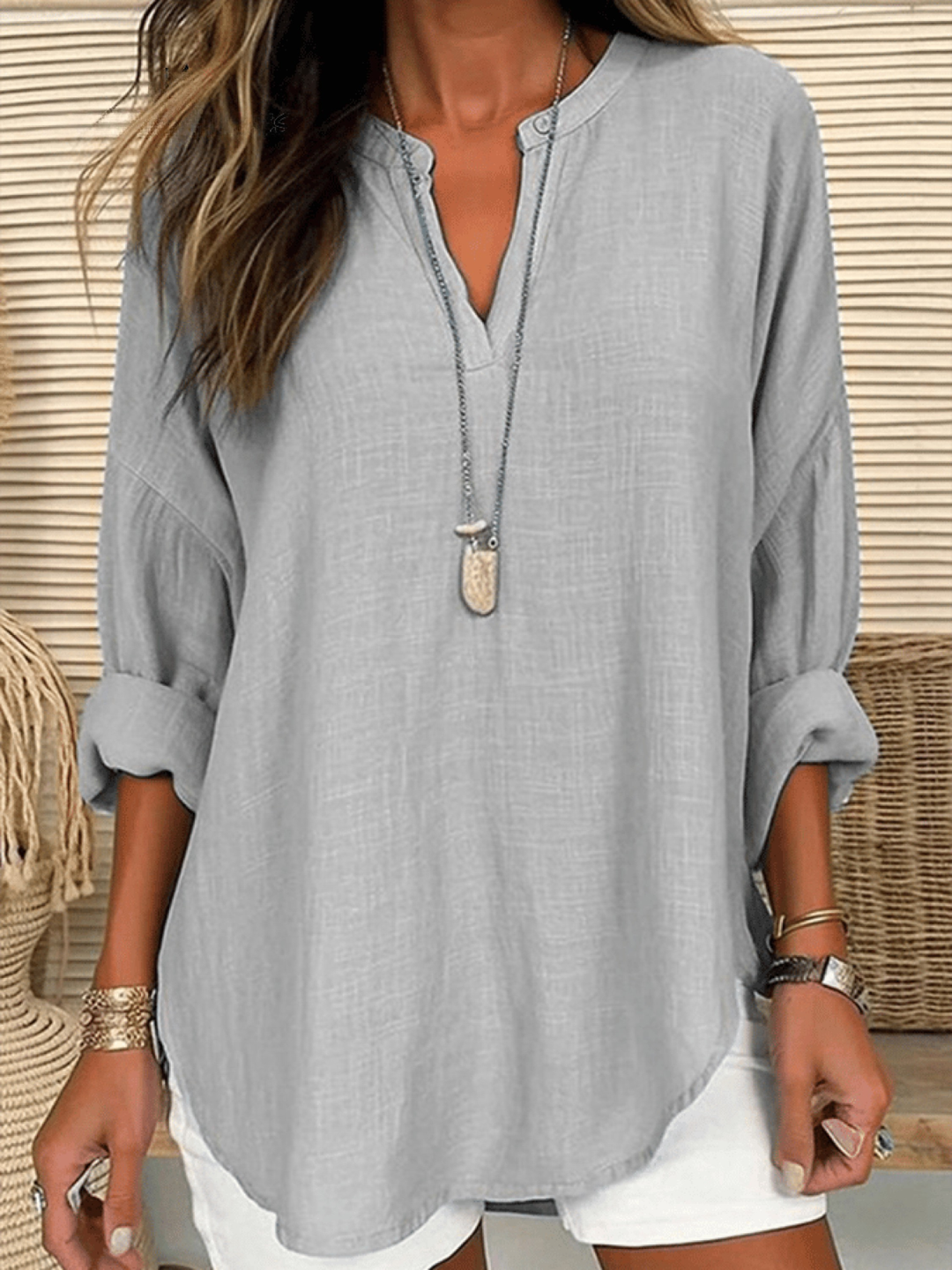 Zivorne | Women's Boho Tunic Top Long Sleeve - Light Blue - Image 3