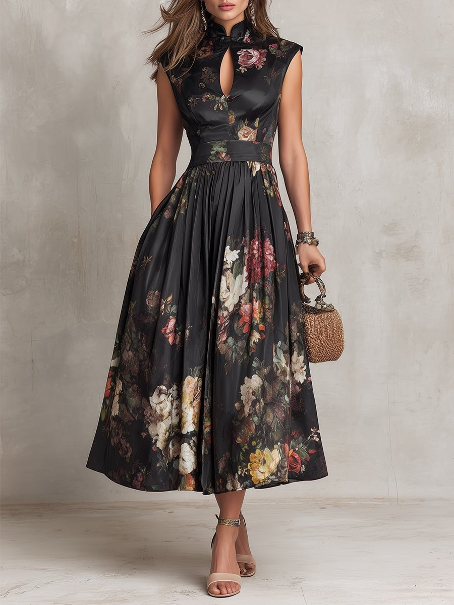 Zivorne | Women's Floral Print Midi Dress - Black - Image 1
