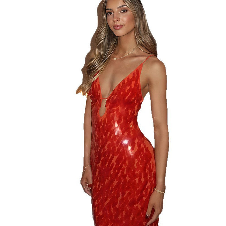 Zivorne | Women's Sequin Midi Dress Deep V-Neck - Red - Image 3